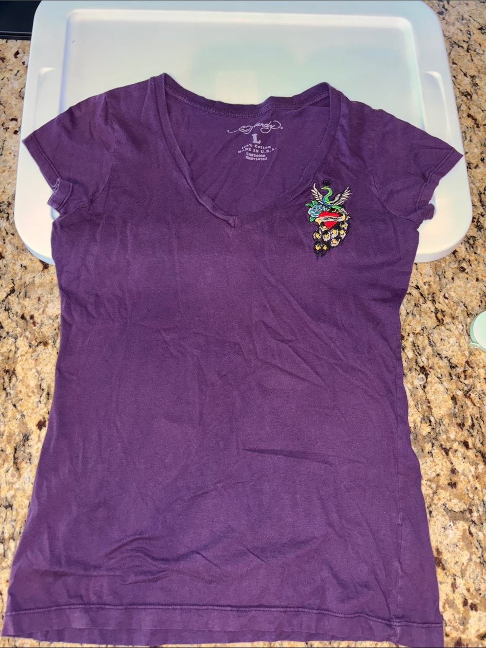 Ed Hardy Purple V-Neck Short Sleeve Tee with Colorful Embroidered Heart Patch
